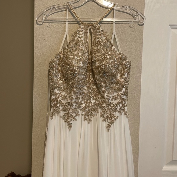 white and gold halter prom dress Long Yellow Ruffled Halter Prom Dress with Beads Yellow / 7 main image 1